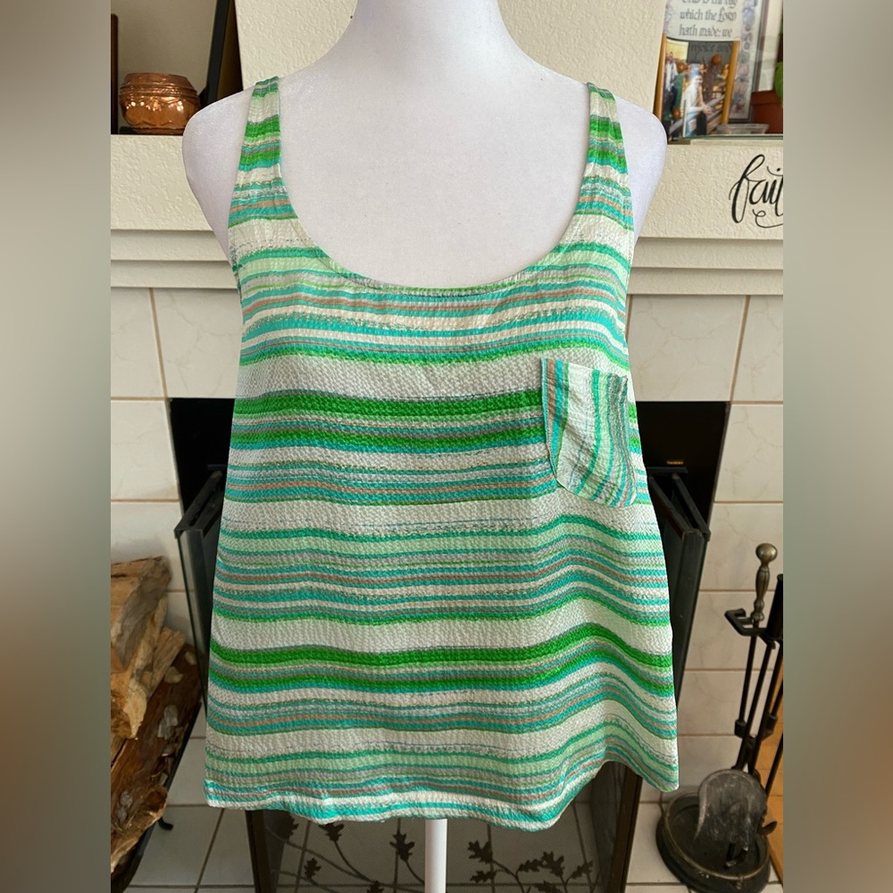 Ainsley 100% Silk crop tank top, multi green, blue, silver, Size S